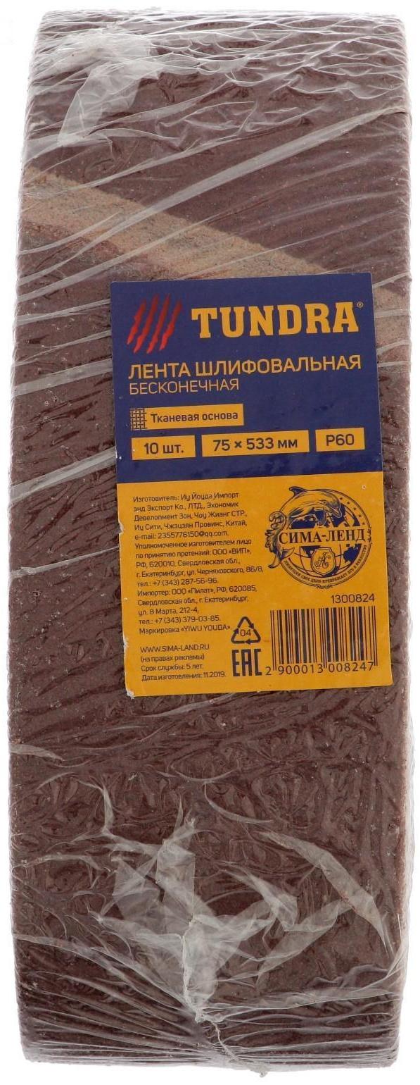 Лента абразивная бесконечная ТУНДРА, на тканевой основе, 75 х 533 мм, Р60, 10 шт.