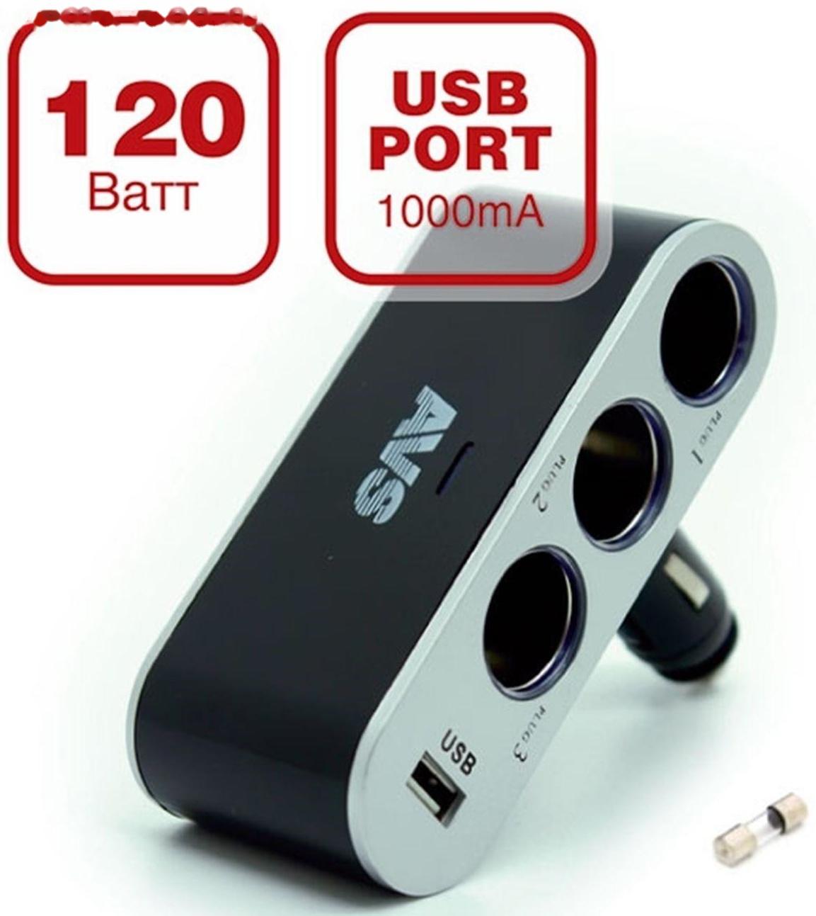 Разветвитель прикуривателя AVS CS312U, 12/24 В, на 3 выхода + USB