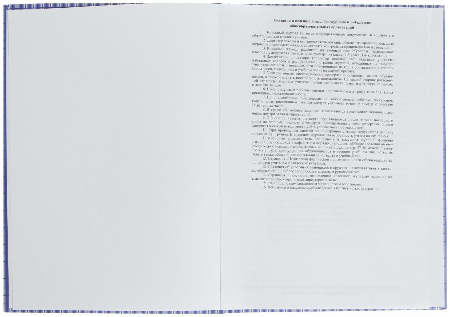 Классный журнал для 1-4 классов А4, 128 страниц, твердая ламинированная обложка, блок офсет 65г/м2