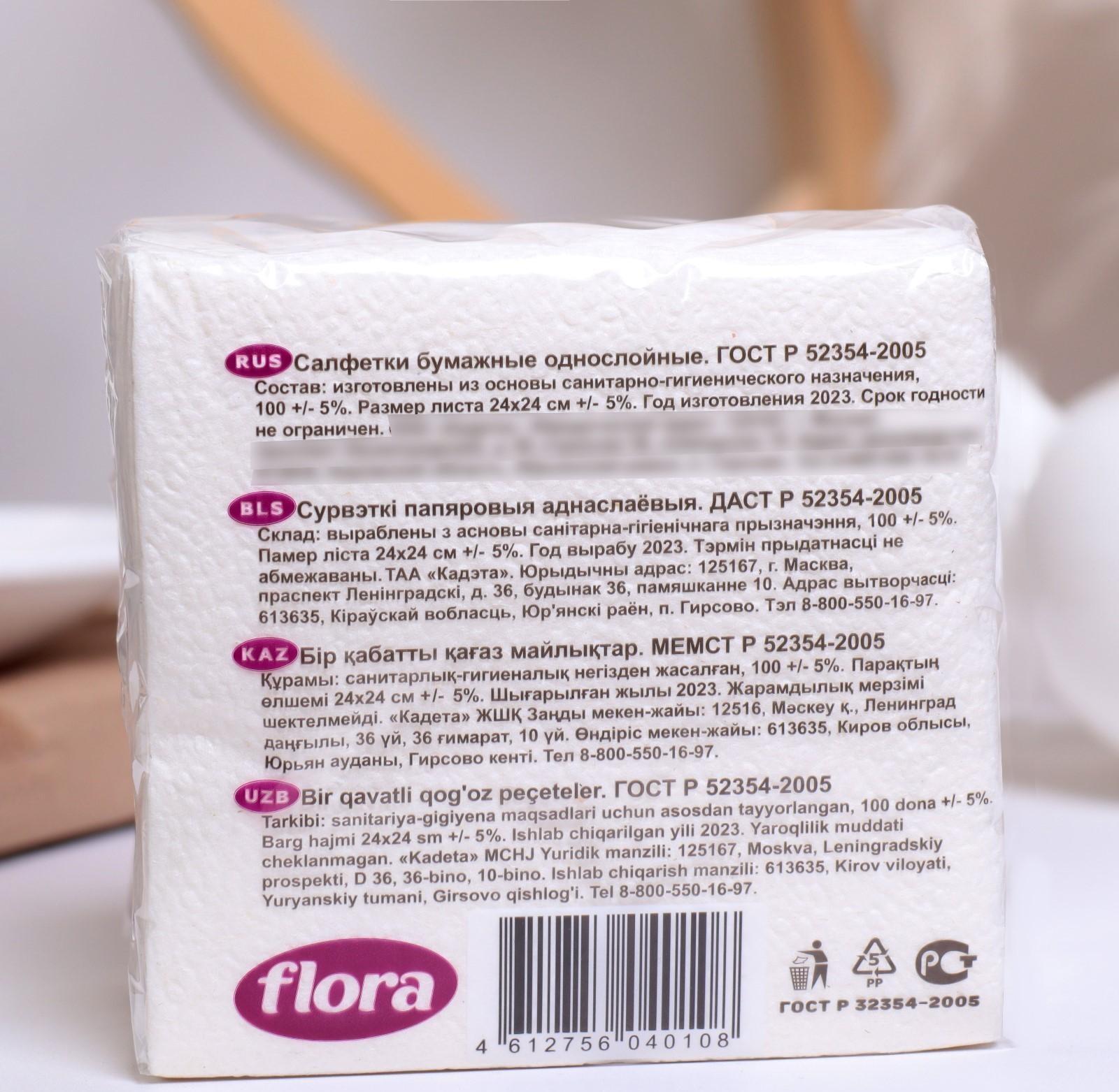 Салфетки бумажные, 24х24 см, 100 шт, белые