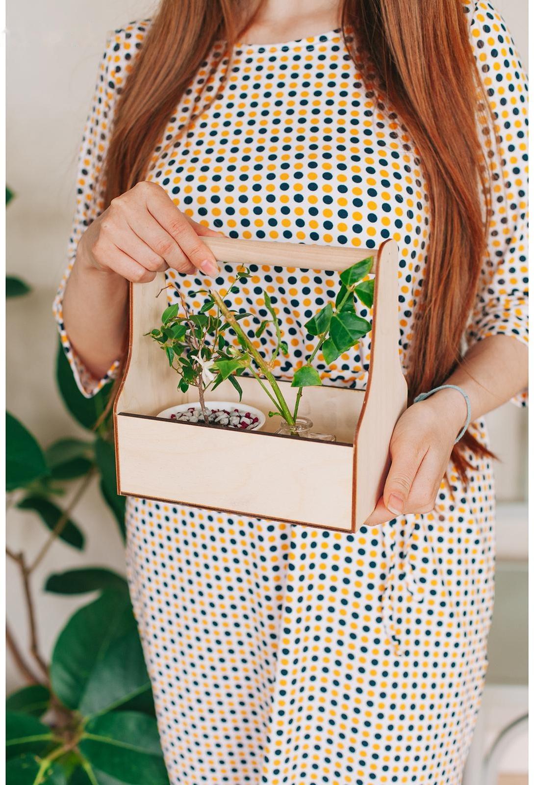 Кашпо деревянное 20×12.5×20 см Стелла Моно, с ручкой, натуральный Дарим Красиво