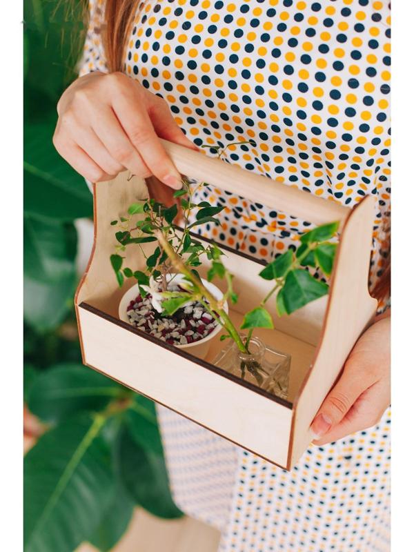 Кашпо деревянное 20×12.5×20 см Стелла Моно, с ручкой, натуральный Дарим Красиво