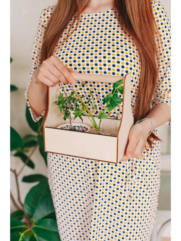 Кашпо деревянное 20×12.5×20 см Стелла Моно, с ручкой, натуральный Дарим Красиво