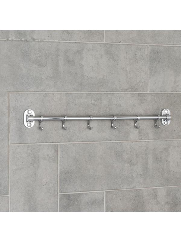 Крючок настенный на планке, двигающийся, Accoona А166-6, 6 шт, цвет хром