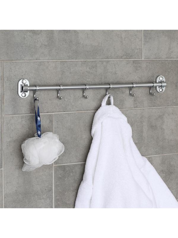 Крючок настенный на планке, двигающийся, Accoona А166-6, 6 шт, цвет хром
