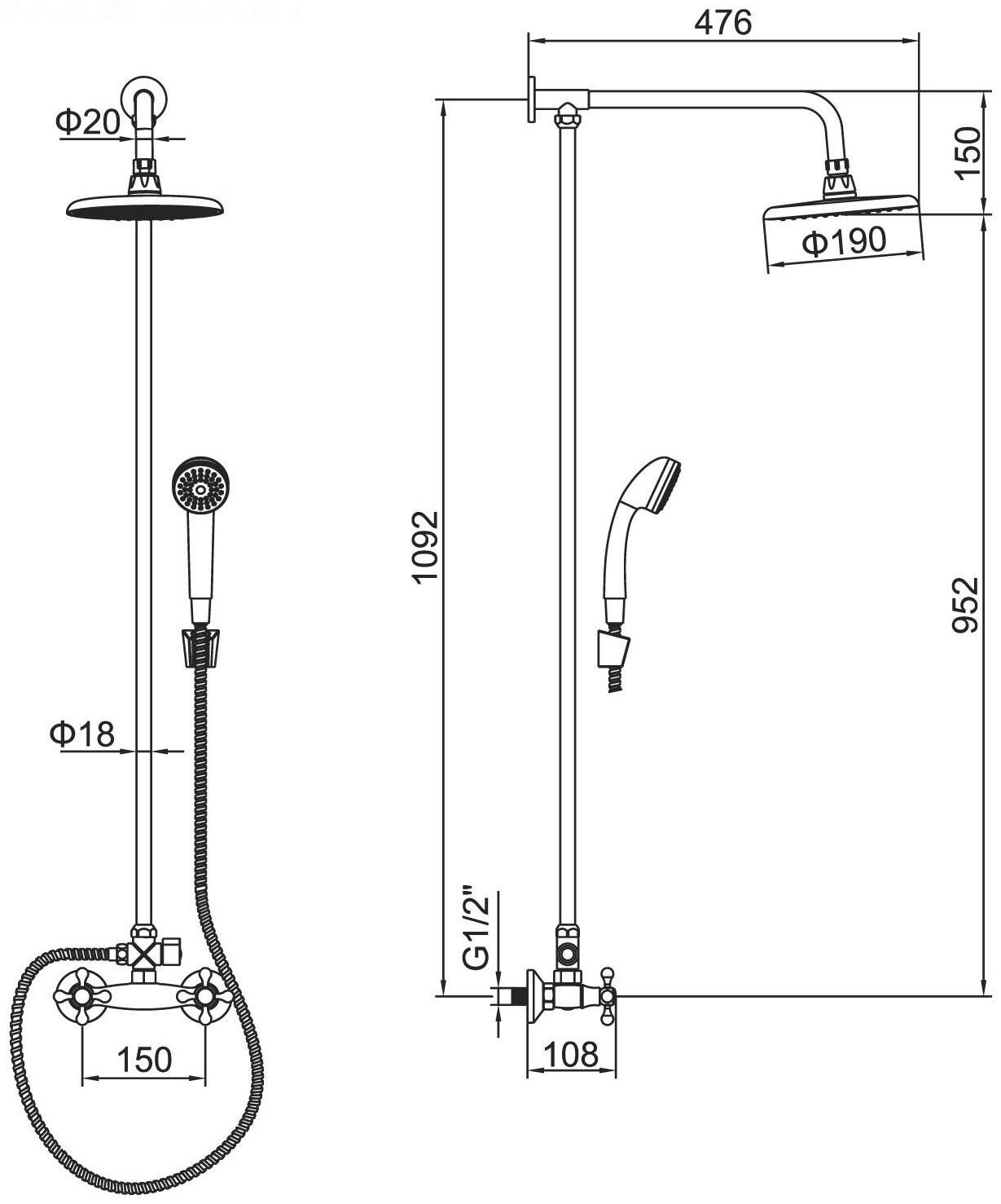 Штанга со смесителем Accoona А8176-1, двухрычажная, с тропическим душем, хром