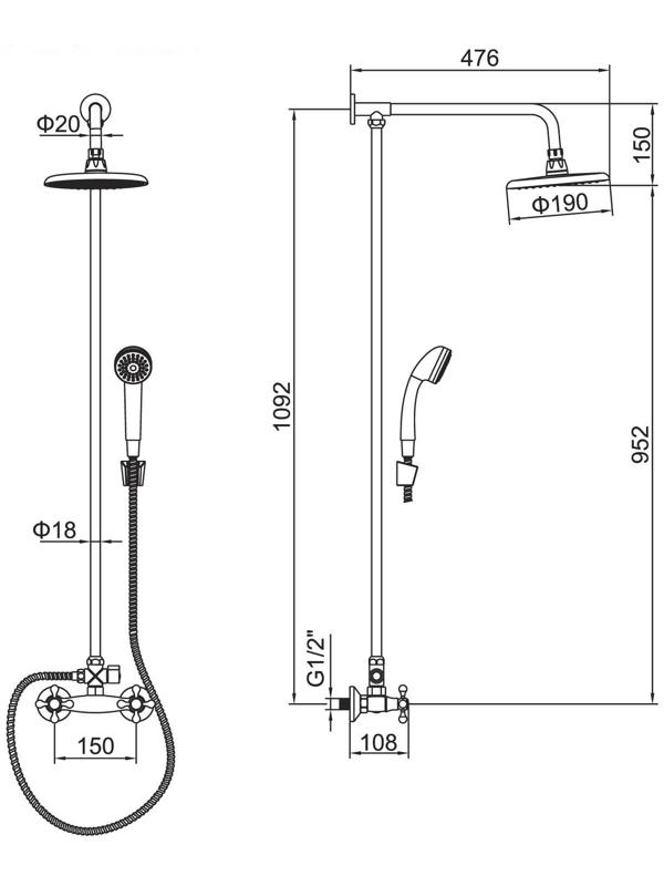 Штанга со смесителем Accoona А8176-1, двухрычажная, с тропическим душем, хром
