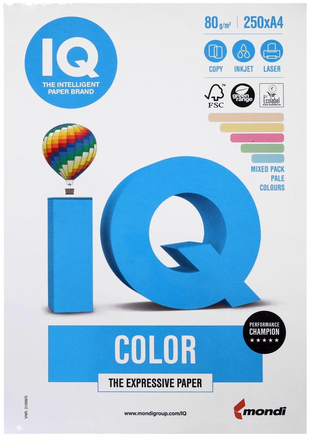 Бумага цветная А4 250 л, IQ COLOR, 80 г/м2, 20,23,25,28,30 по 50 л