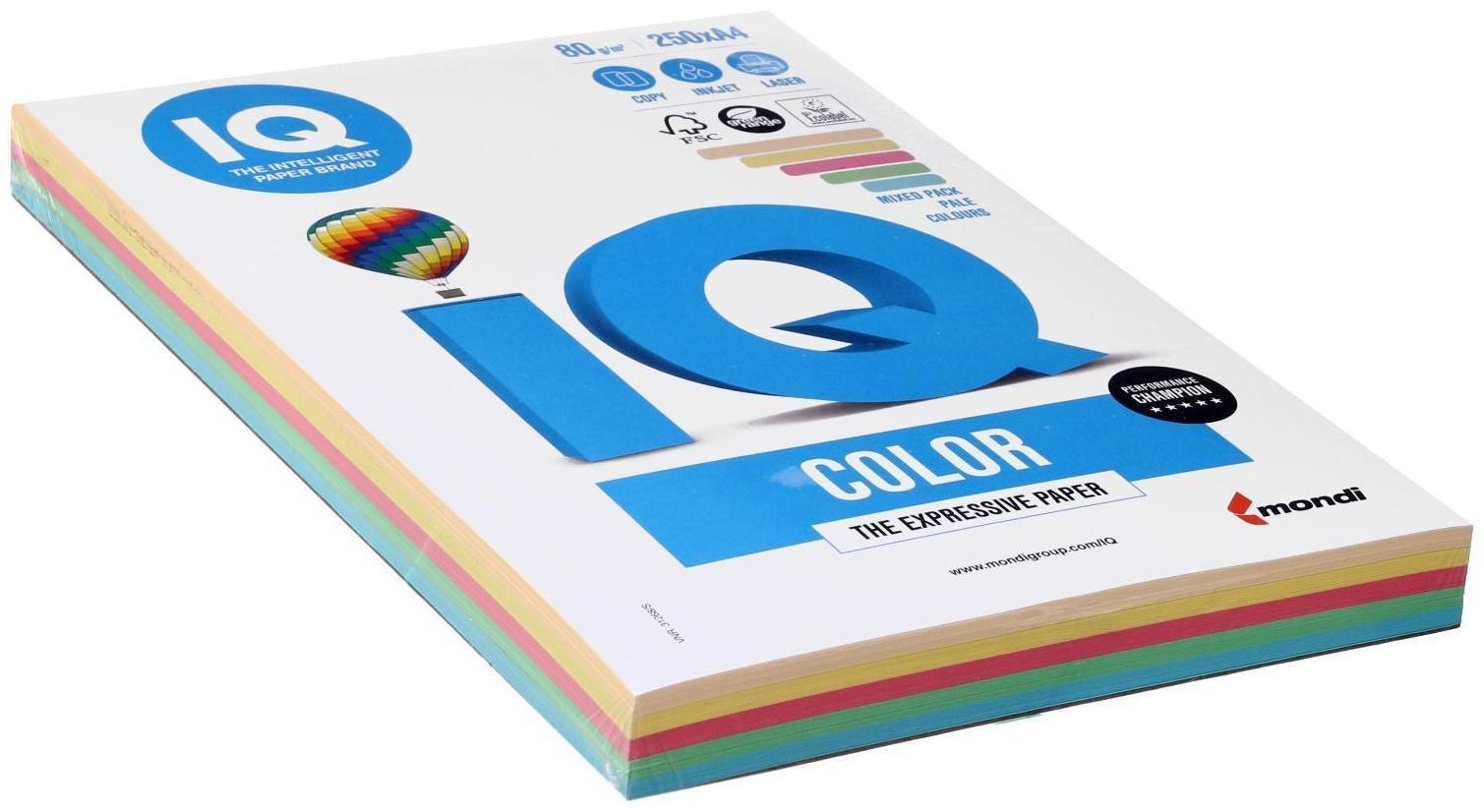 Бумага цветная А4 250 л, IQ COLOR, 80 г/м2, 20,23,25,28,30 по 50 л