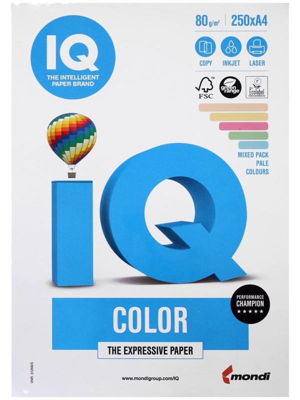 Бумага цветная А4 250 л, IQ COLOR, 80 г/м2, 20,23,25,28,30 по 50 л