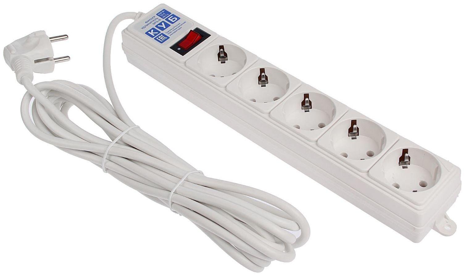Сетевой фильтр Power Cube, 5 розеток, 5 м, 10 А, 2200 Вт, белый