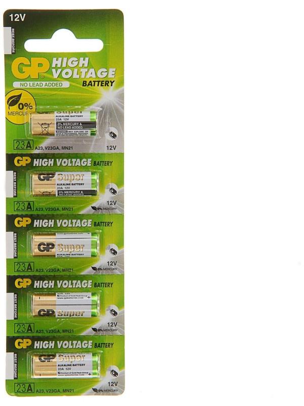 Батарейка алкалиновая GP Mercury Free, А23 (23AF, V23GA, MN21)-5BL, 12В, блистер, 5 шт.