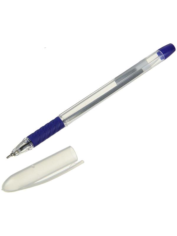 Ручка шариковая, 1.0 мм, стержень синий, корпус прозрачный,с резиновым держателем