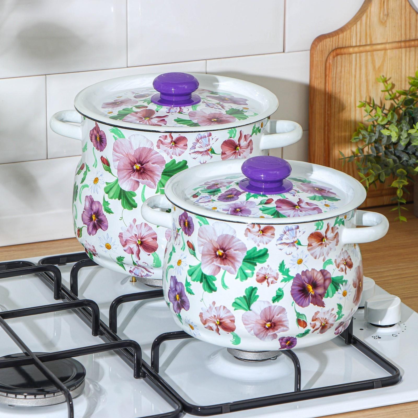 Набор кастрюль «Анютины глазки», 2 предмета: 4 л, 5,5 л, эмалированные крышки, индукция
