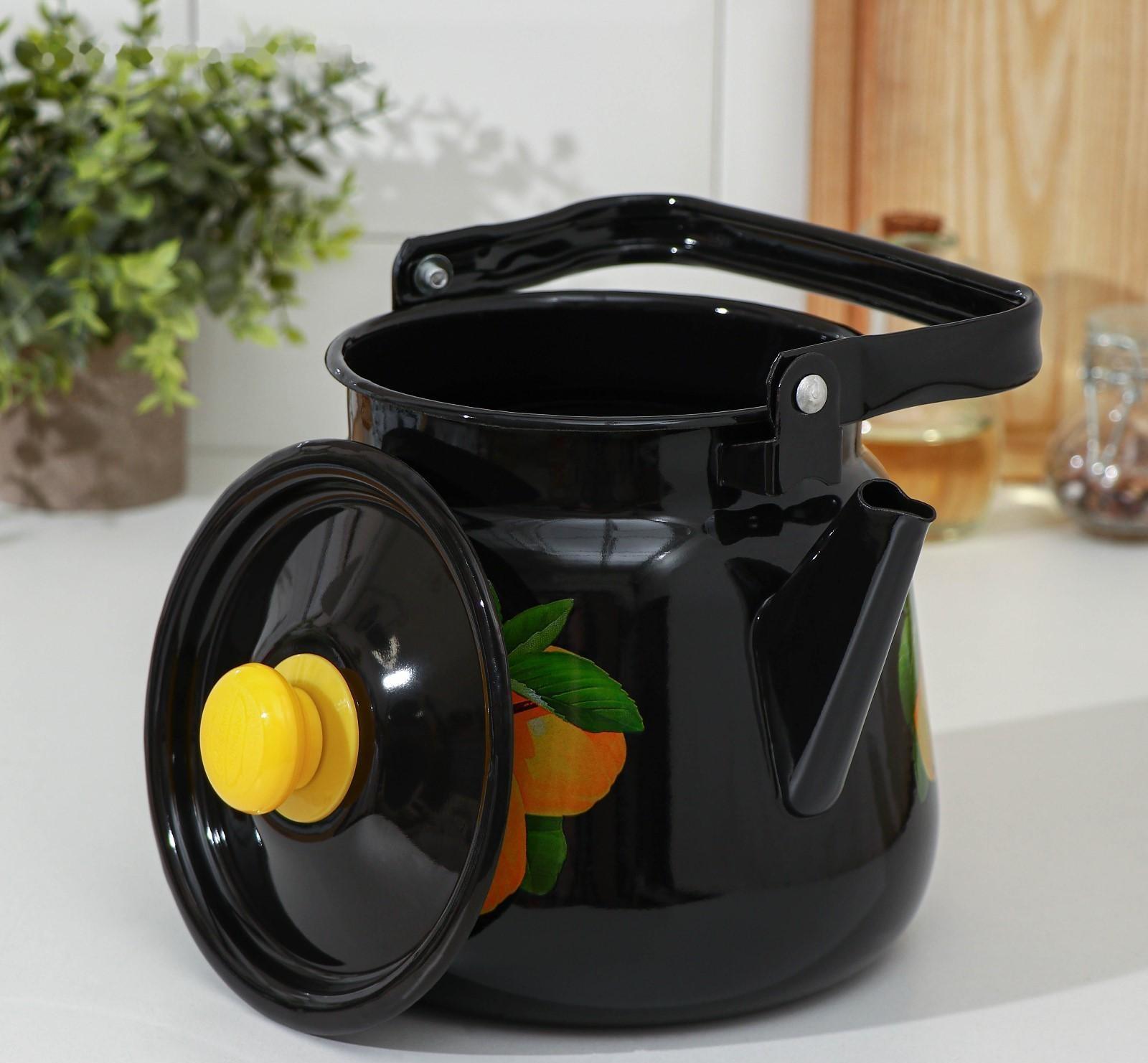 Чайник, 3,5 л, эмалированная крышка, индукция, цвет чёрный, рисунок МИКС