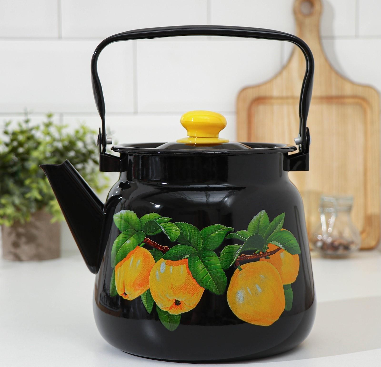 Чайник, 3,5 л, эмалированная крышка, индукция, цвет чёрный, рисунок МИКС
