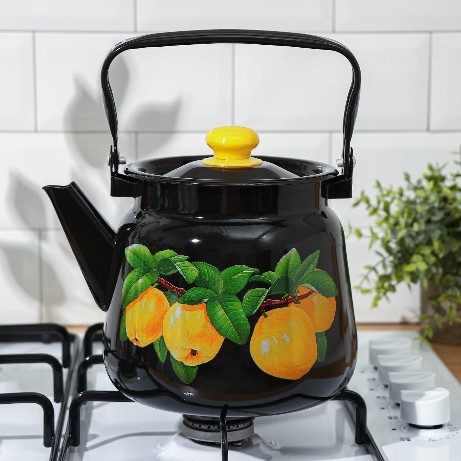 Чайник, 3,5 л, эмалированная крышка, индукция, цвет чёрный, рисунок МИКС