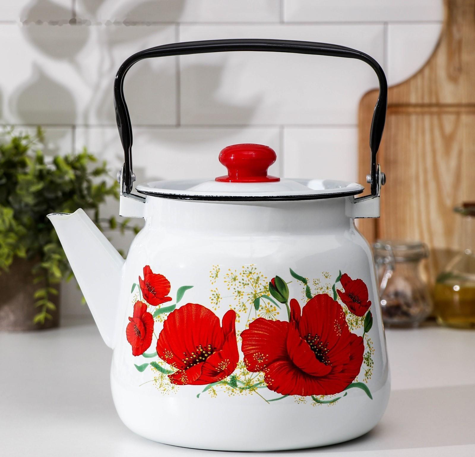 Чайник «Маки», 3,5 л, эмалированная крышка, индукция, цвет белый