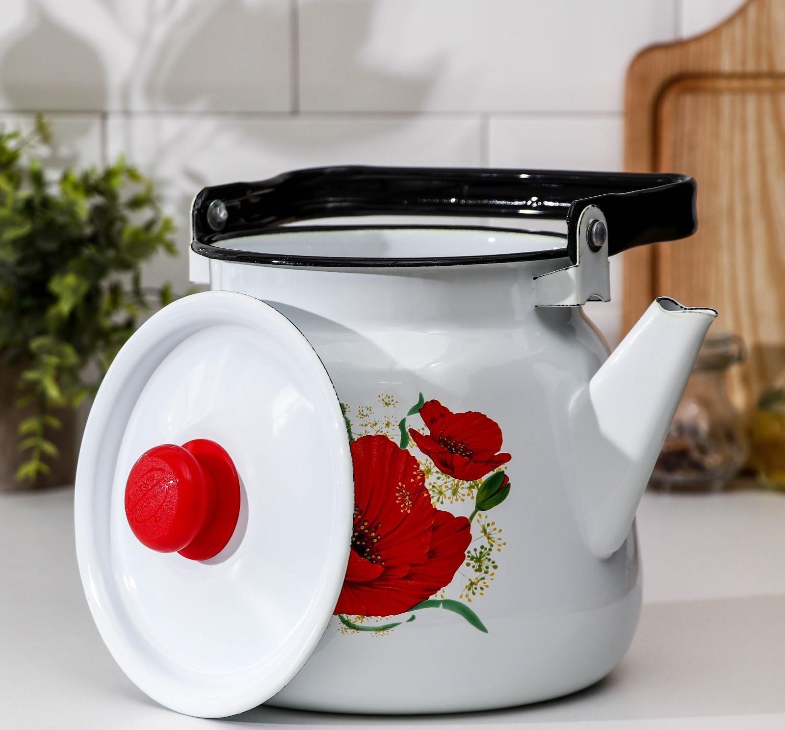 Чайник «Маки», 3,5 л, эмалированная крышка, индукция, цвет белый