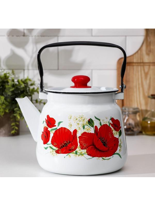 Чайник «Маки», 3,5 л, эмалированная крышка, индукция, цвет белый