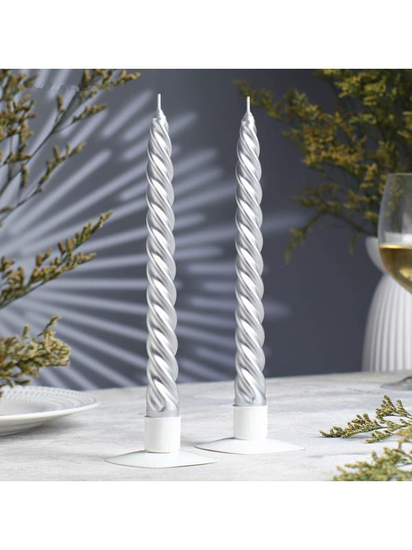 Набор свечей витых, 2,3х 24,5 см, 5 ч, 50 г, 2 штуки, серебряный