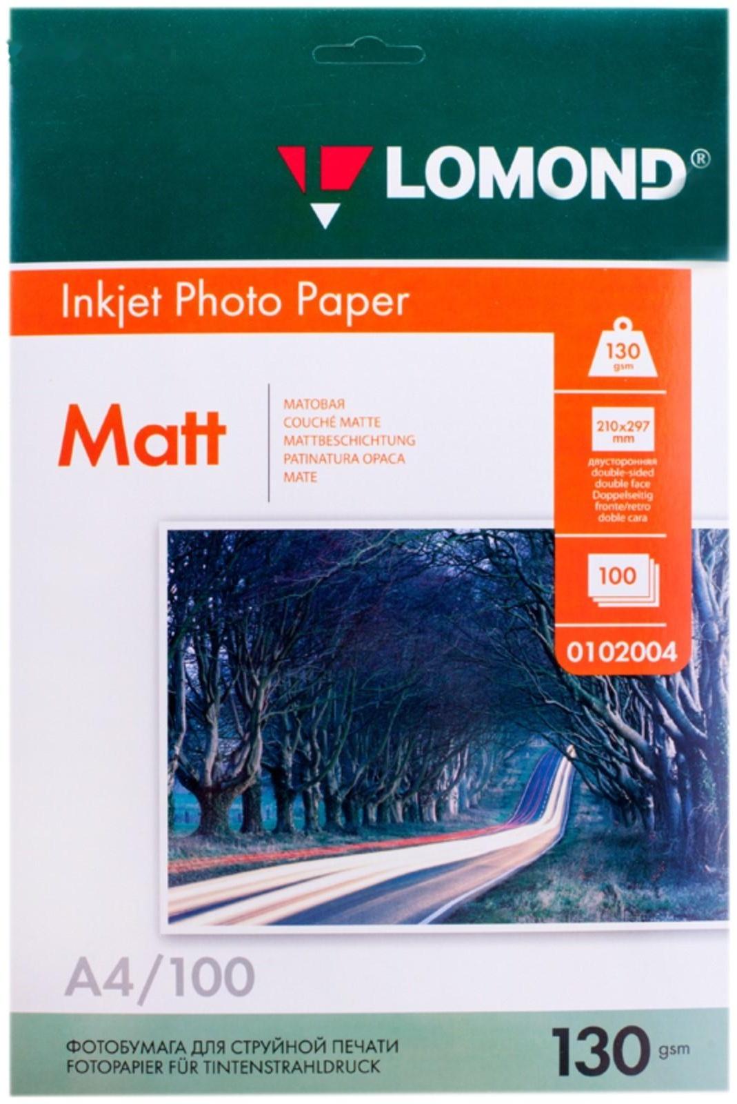 Фотобумага для струйной печати А4, 100 листов LOMOND, 130 г/м2, двусторонняя, матовая (0102004)