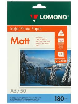 Фотобумага для струйной печати А5, 50 листов LOMOND, 180 г/м2, односторонняя, матовая (0102068)