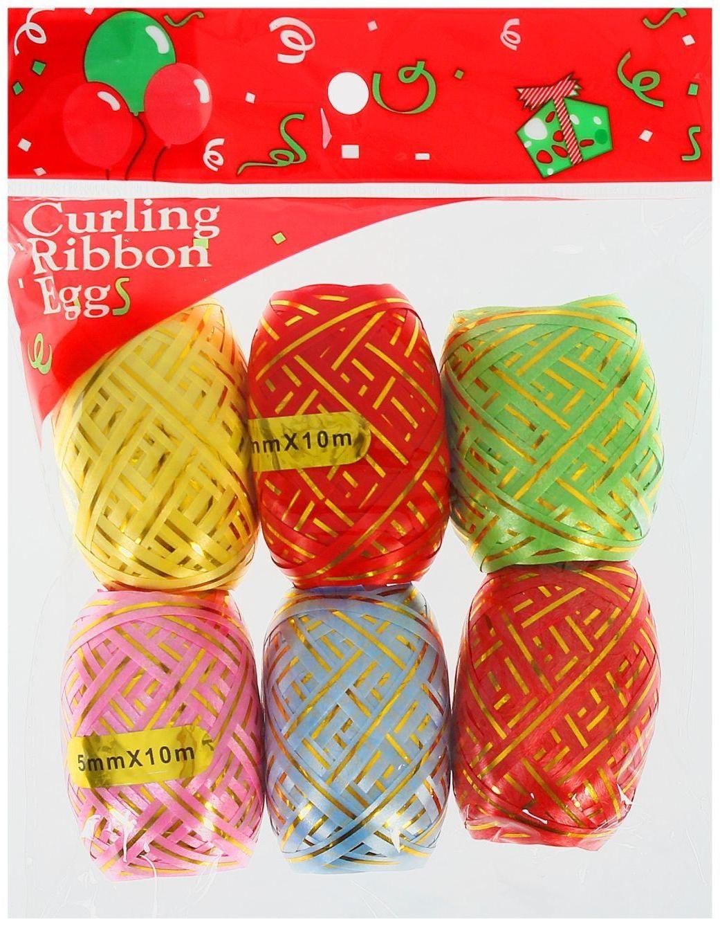 Лента упаковочная с золотой полосой, ассорти, набор 6 шт., 0,5 см х 10 м