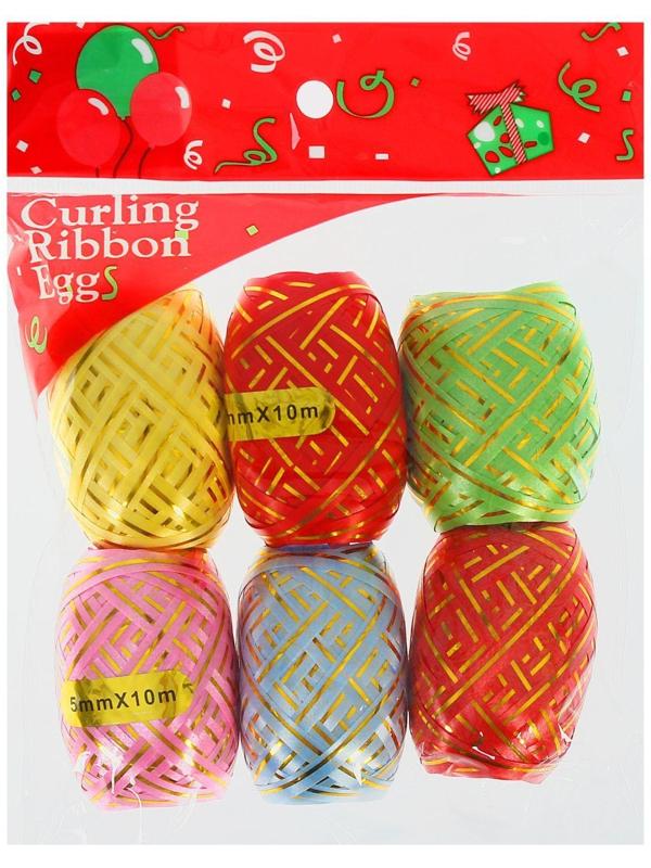 Лента упаковочная с золотой полосой, ассорти, набор 6 шт., 0,5 см х 10 м