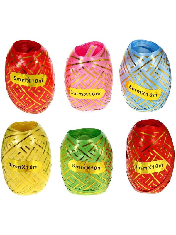 Лента упаковочная с золотой полосой, ассорти, набор 6 шт., 0,5 см х 10 м