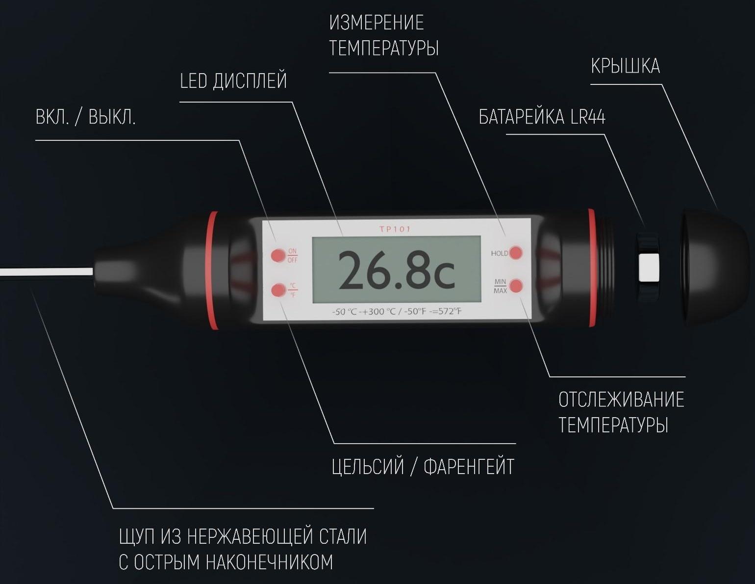 Термометр для пищи электронный на батарейках Доляна, в коробке
