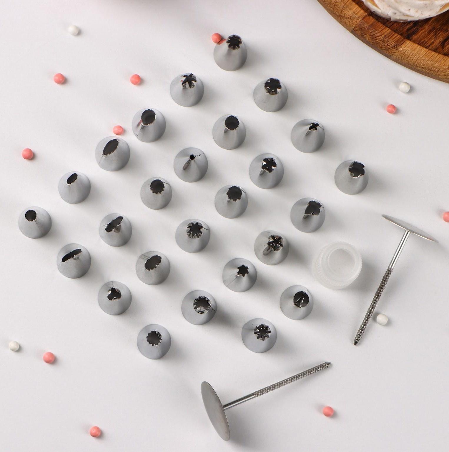 Набор насадок кондитерских, d=1,7 см, 26 шт, адаптер, кондитерский гвоздь, в кейсе