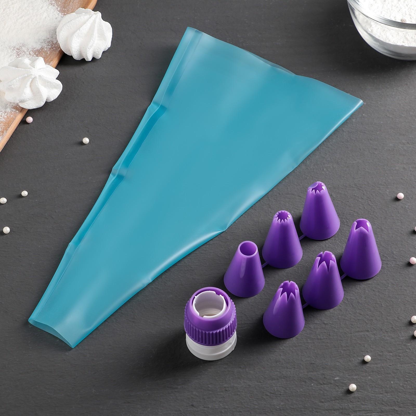 Мешок кондитерский Доляна «Бирюза», 6 насадок (основание насадки 2,5 см), 29×19×3,5 см, насадки и цвет МИКС