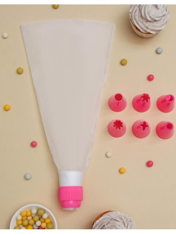 Мешок кондитерский Доляна «Бирюза», 6 насадок (основание насадки 2,5 см), 29×19×3,5 см, насадки и цвет МИКС