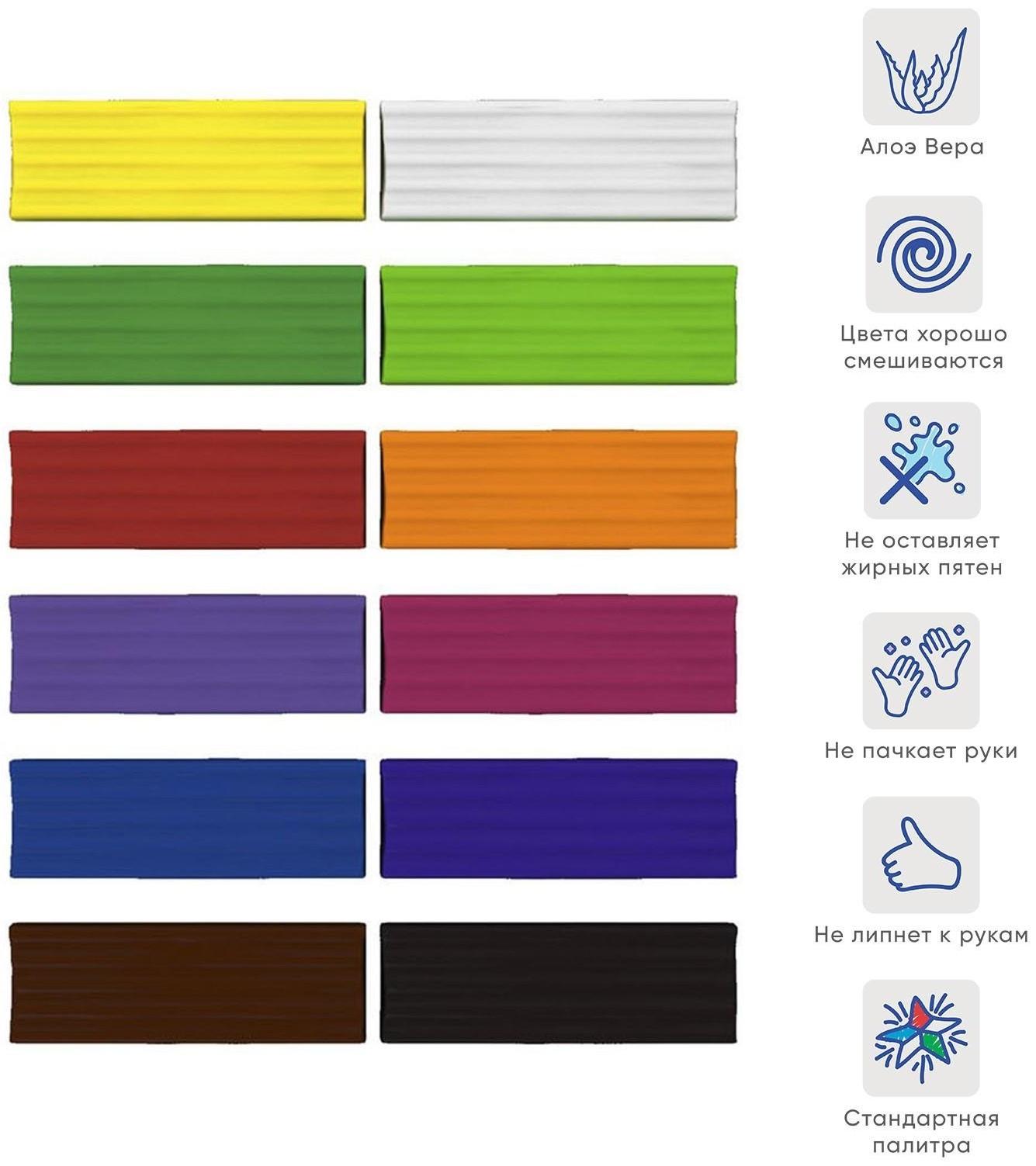 Пластилин 12 цветов, 216 г, ErichKrause, с алоэ вера, со стеком, индивидуальная упаковка брусков, в картонной упаковке