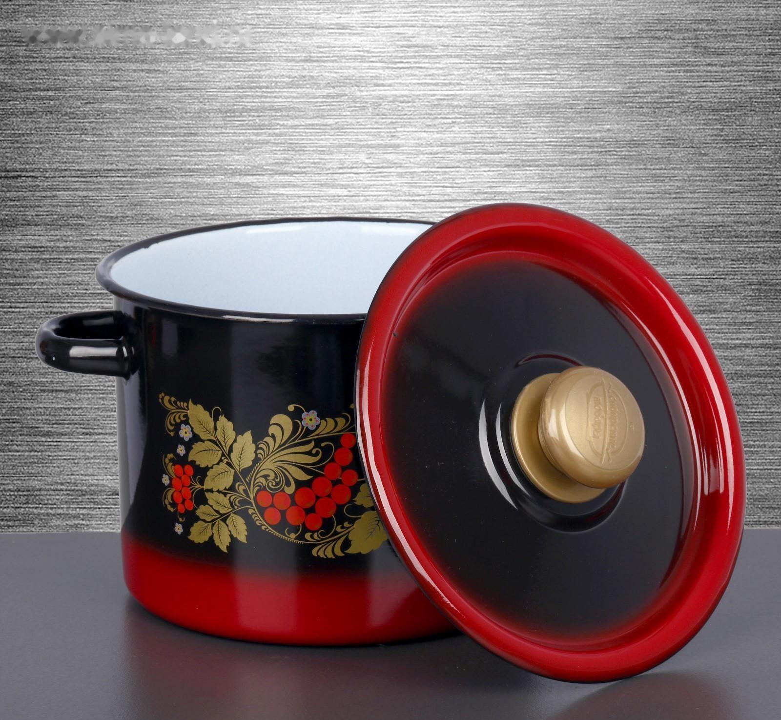 Кастрюля, 3,5 л, эмалированная крышка, индукция, цвет красно-чёрный МИКС