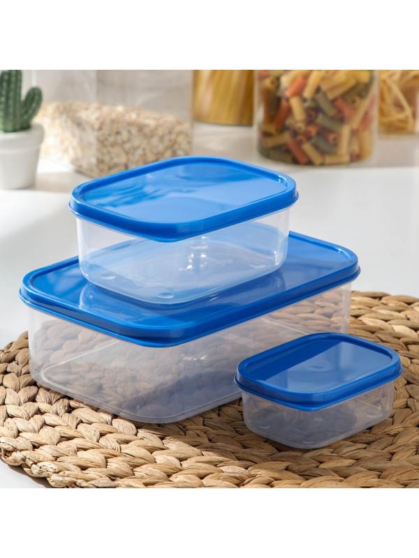 Набор контейнеров пищевых прямоугольных Доляна, 3 шт: 150 мл, 500 мл, 1,2 л, цвет синий