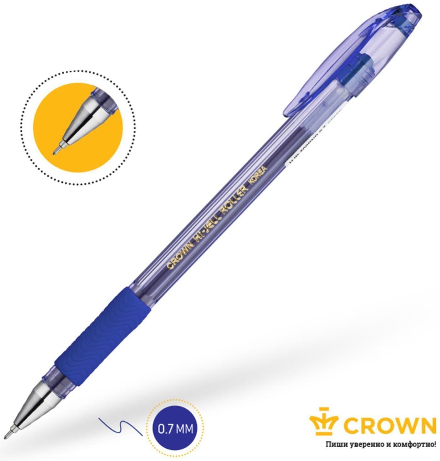 Ручка гелевая Crown HJR-500RNB, чернила синие, узел 0.7 мм, резиновый упор