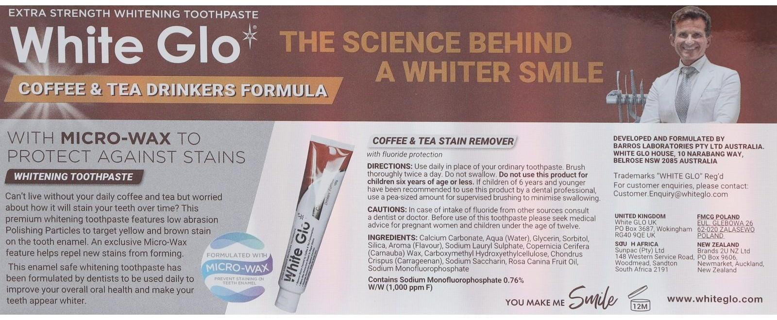 Отбеливающая зубная паста White Glo для любителей кофе и чая, 100 г