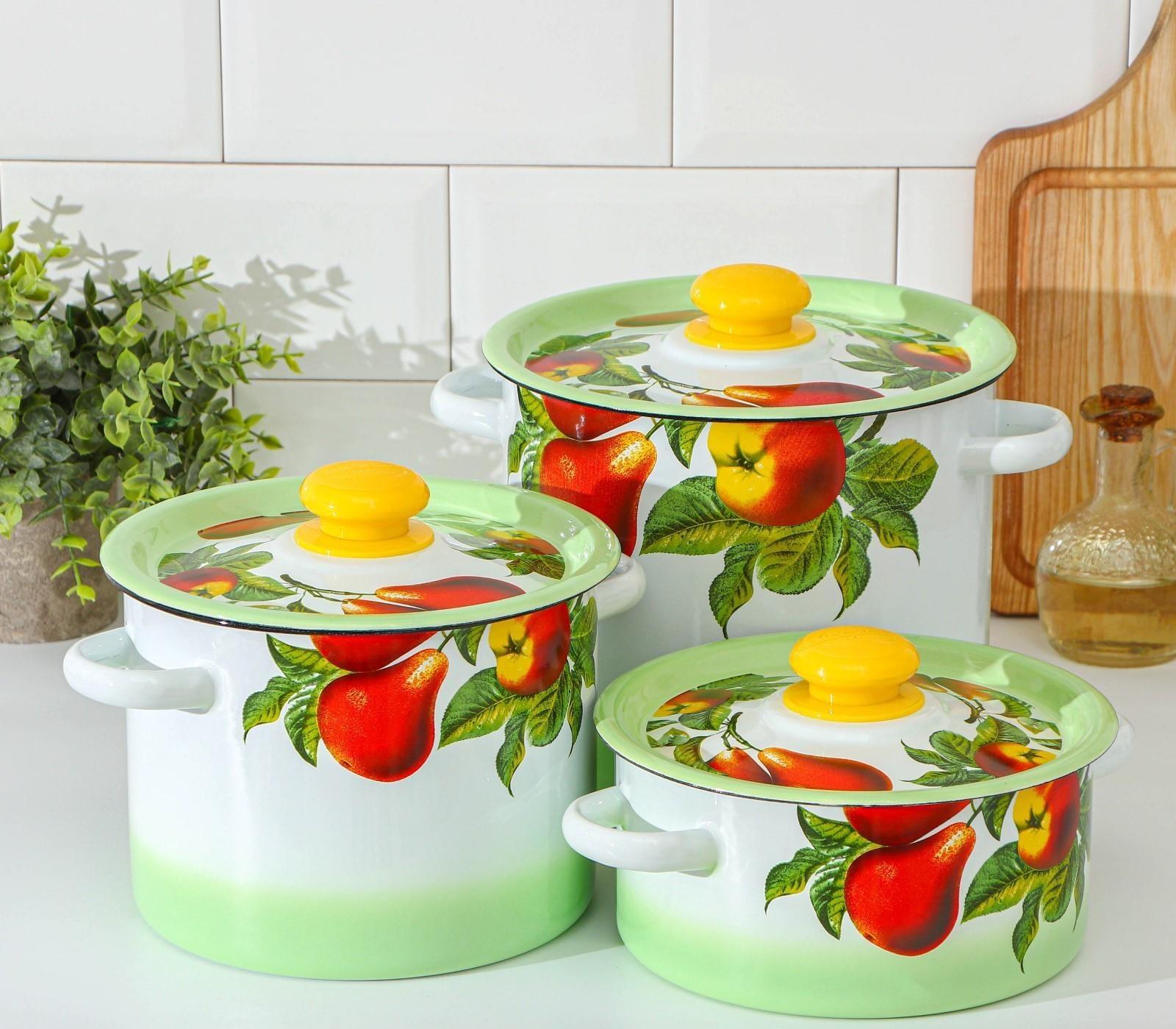 Набор кастрюль «Дары лета», 3 предмета: 2 л, 3,5 л, 5,5 л, эмалированные крышки, индукция