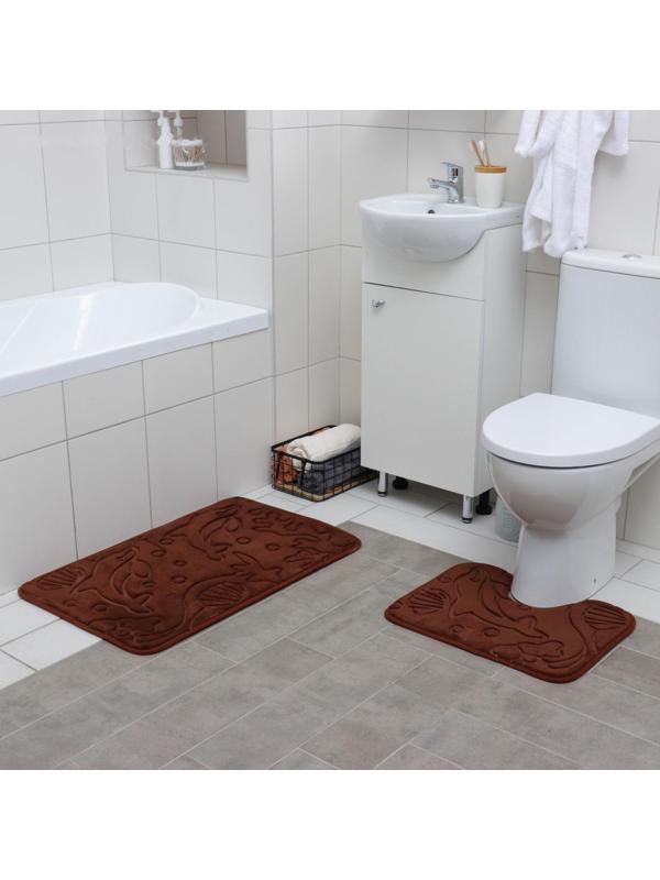 Набор ковриков для ванной и туалета Доляна «Дельфины», 2 шт: 40×50, 50×80 см, цвет МИКС