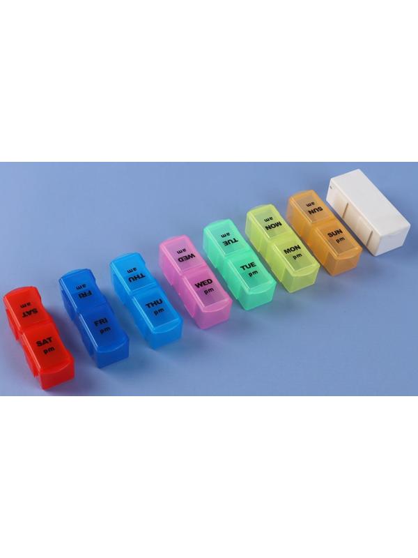 Таблетница-органайзер «Неделька», с таблеторезкой, утро/вечер, 7 контейнеров по 2 секции, разноцветная