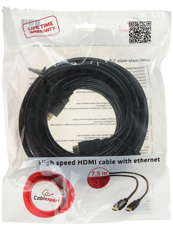 Кабель видео Cablexpert CC-HDMI4-7.5M, HDMI(m)-HDMI(m), вер 2.0, 4К, 7.5 м, черный