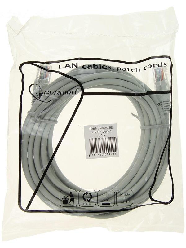 Патч-корд Gembird PP12e-5M, UTP 5е кат., RJ-45(m)-RJ-45(m), 5 м, серый