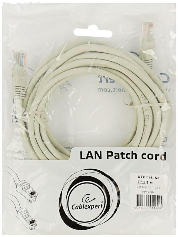 Патч-корд Gembird PP12e-5M, UTP 5е кат., RJ-45(m)-RJ-45(m), 5 м, серый