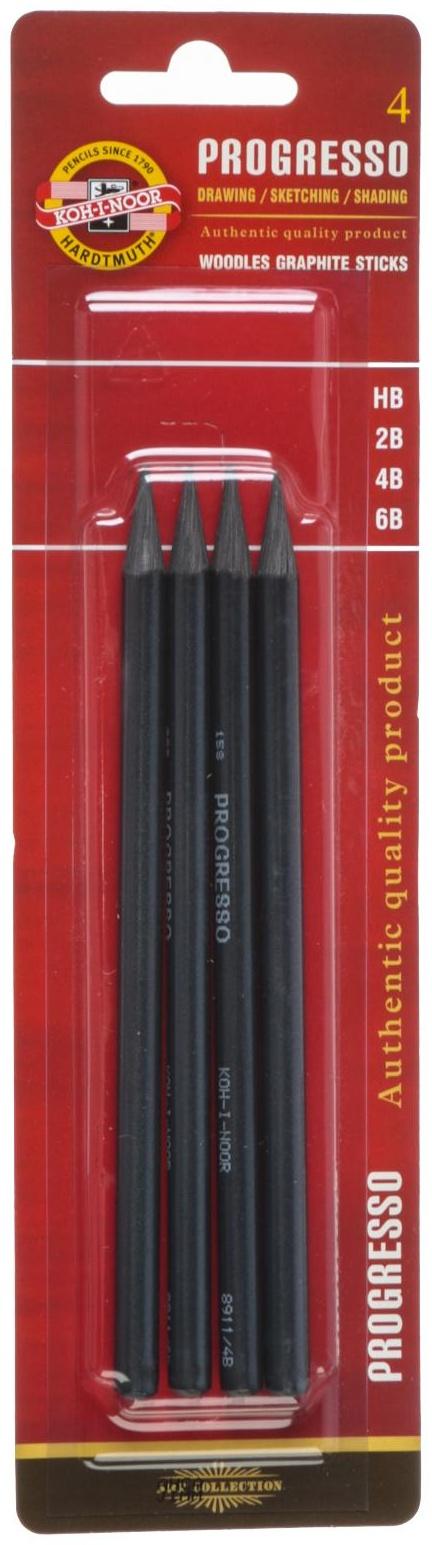 Набор карандашей цельнографитовых разной твердости 4 штуки, Koh-I-Noor PROGRESSO 8914, 6B-HB, блистер