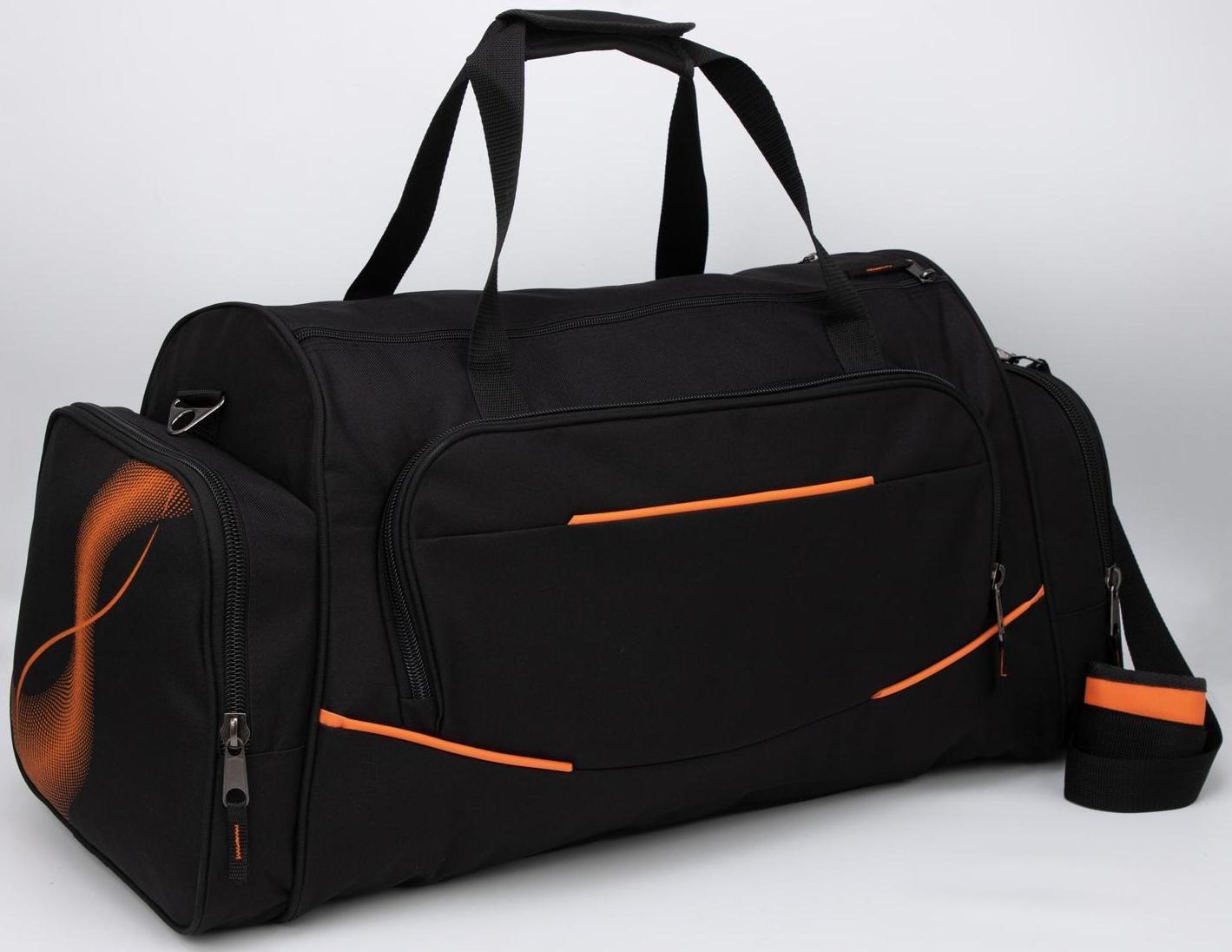 Сумка спортивная на молнии, 3 наружных кармана, цвет чёрный/оранжевый