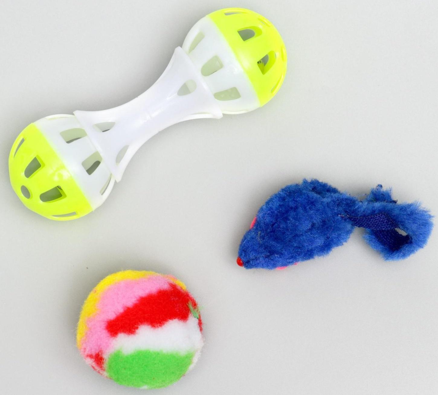 Набор игрушек для кошек: гантель 11 см, мышь 4 см и шар с пером 4 см, микс цветов