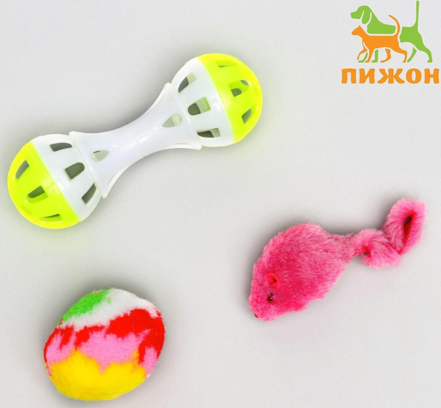 Набор игрушек для кошек: гантель 11 см, мышь 4 см и шар с пером 4 см, микс цветов