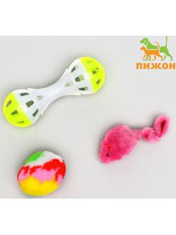 Набор игрушек для кошек: гантель 11 см, мышь 4 см и шар с пером 4 см, микс цветов